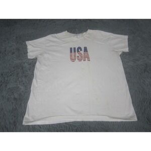 USA Graphic Print Shirt Womens XL Blue White Red Striped Short Sleeve V-Neck